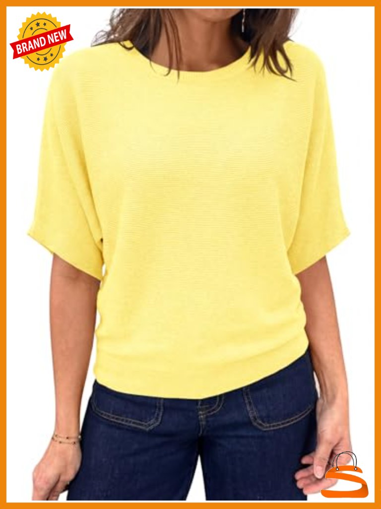 Short Sleeve Batwing Boat Neck Loose Fit Knit Top